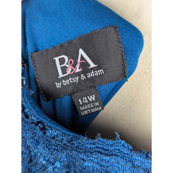 B&A by Betsy & Adam V Neck Gown Peacock Maxi Size 14W Sequin Lace Sleeves - Picture 5 of 7